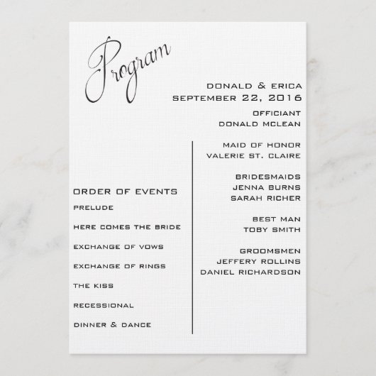 Zwart-wit Elegant huwelijksprogramma Programmakaart (Voorkant)