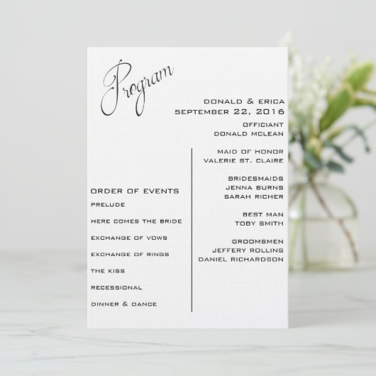 Zwart-wit Elegant huwelijksprogramma Programmakaart (Staand voorkant)