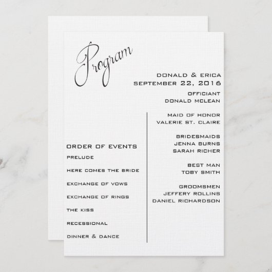 Zwart-wit Elegant huwelijksprogramma Programmakaart (Voorkant / Achterkant)