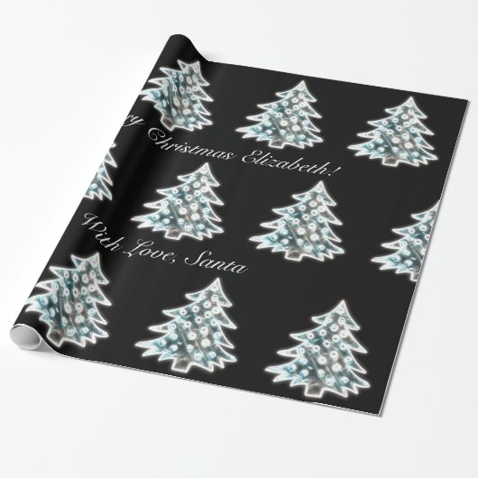 Zwart-wit elegant kerstboompatroon cadeaupapier (Uitgerold)