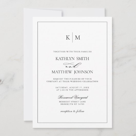 Zwart-wit Elegant Minimalistische Border Bruiloft Kaart (Voorkant)