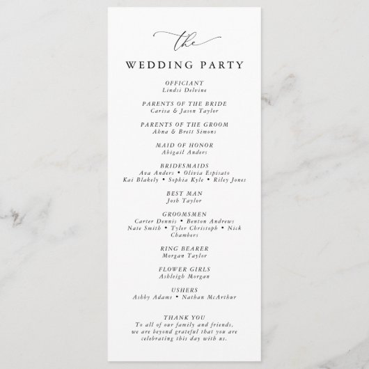 Zwart & Wit Elegant Minimalistische Bruiloft Programmakaart (Achterkant)