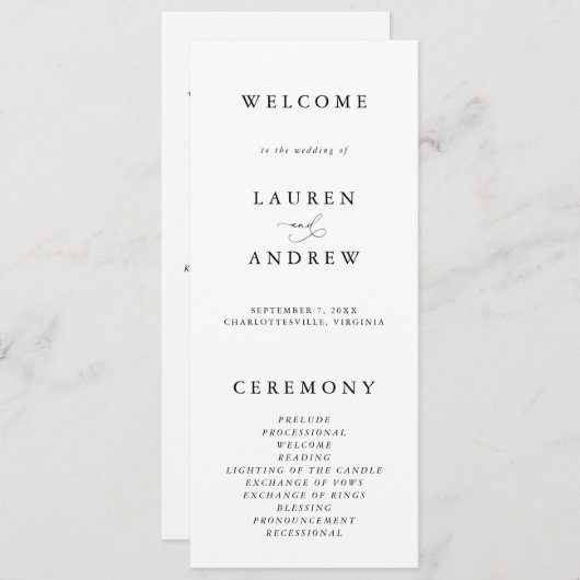 Zwart & Wit Elegant Minimalistische Bruiloft Programmakaart (Voorkant / Achterkant)