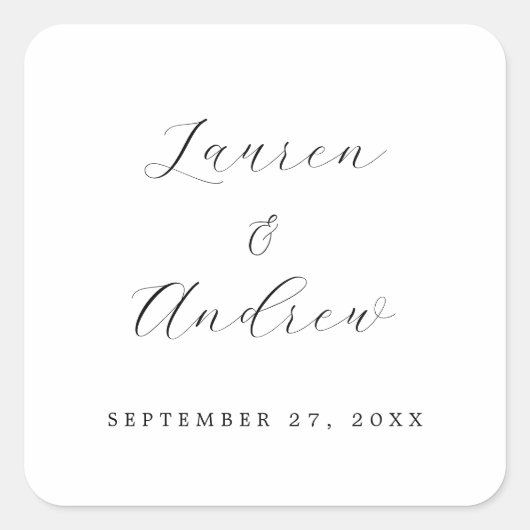 Zwart-wit Elegant Modern Eenvoudig Bruiloft Vierkante Sticker (Voorkant)