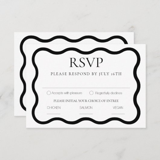 Zwart & Wit Elegant Modern Minimal Wavy Lijst RSVP Kaartje (Voorkant / Achterkant)