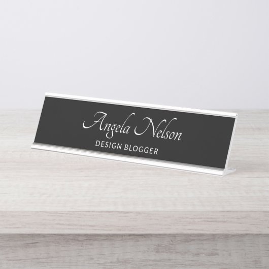 Zwart-wit elegant modern script bureau naambordje (Voorkant)