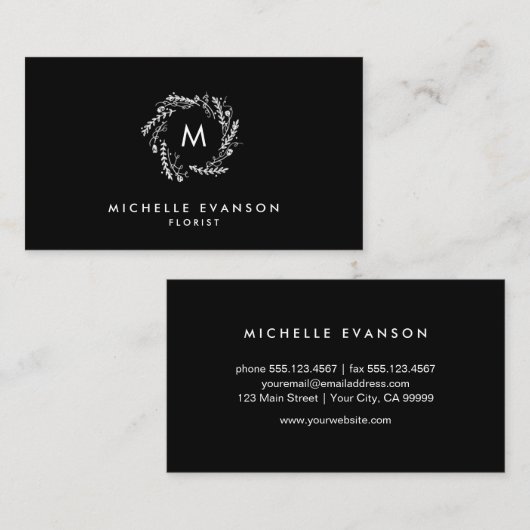 Zwart-wit Elegant Monogram Bloemkrans Visitekaartje (Voorkant / Achterkant)