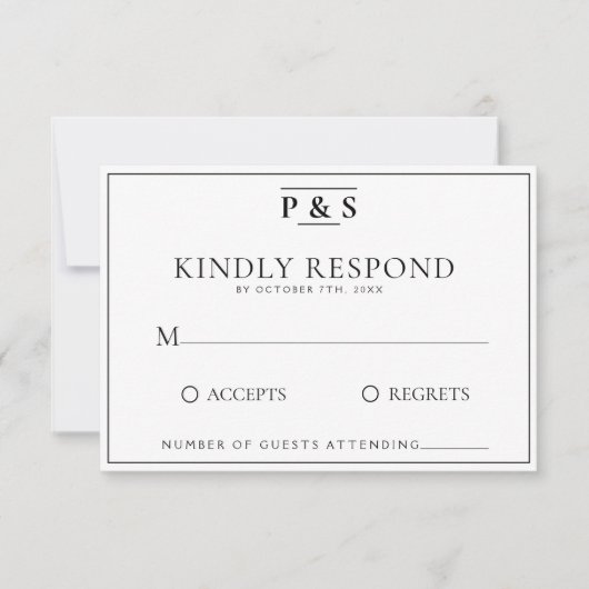 Zwart & Wit Elegant Monogram Chique Bruiloft RSVP Kaartje (Voorkant)