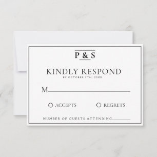 Zwart & Wit Elegant Monogram Chique Bruiloft RSVP Kaartje