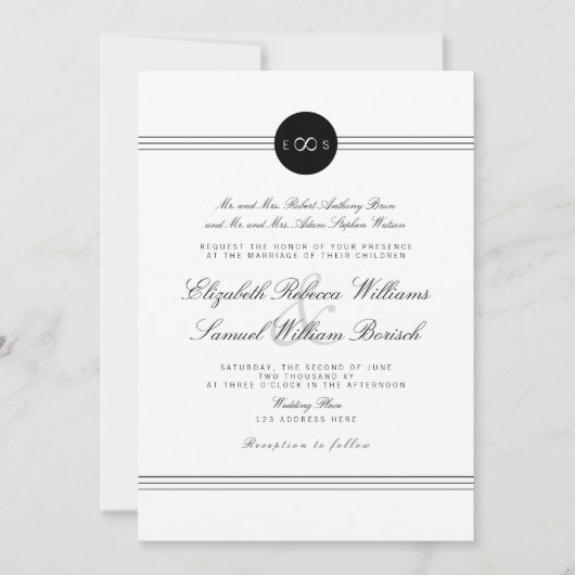 Zwart Wit Elegant Monogram Infinity Wedding Kaart (Voorkant)