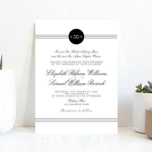 Zwart Wit Elegant Monogram Infinity Wedding Kaart