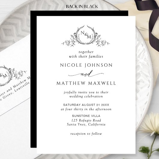 Zwart-wit Elegant Monogram Weddenschap Kaart