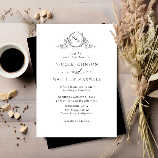 Zwart-wit Elegant Monogram Weddenschap Kaart