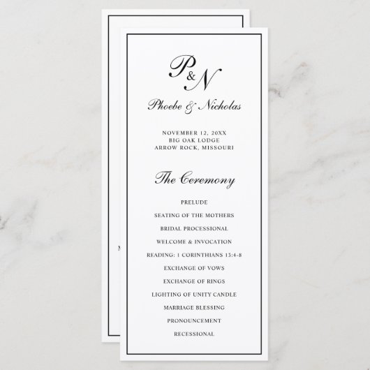 Zwart-wit Elegant Monogram Weddenschap Programmakaart (Voorkant / Achterkant)