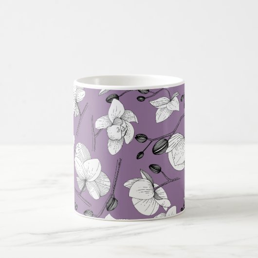 Zwart-wit elegant orchidee, modern paars koffiemok (Center)