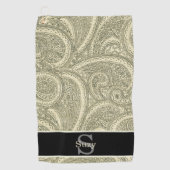 Zwart-wit Elegant Paisley Initiaal Monogram Golfhanddoek (Voorkant)