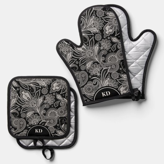 Zwart-wit Elegant Paisley Pattern Ovenwant & Pannenlap Set (Voorkant / Achterkant)