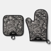 Zwart-wit Elegant  Paisley Pattern Ovenwant & Pannenlap Set (Voorkant)