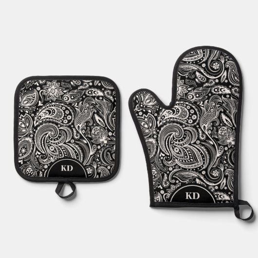 Zwart-wit Elegant  Paisley Pattern Ovenwant & Pannenlap Set (Voorkant)