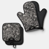 Zwart-wit Elegant  Paisley Pattern Ovenwant & Pannenlap Set (Voorkant / Achterkant)