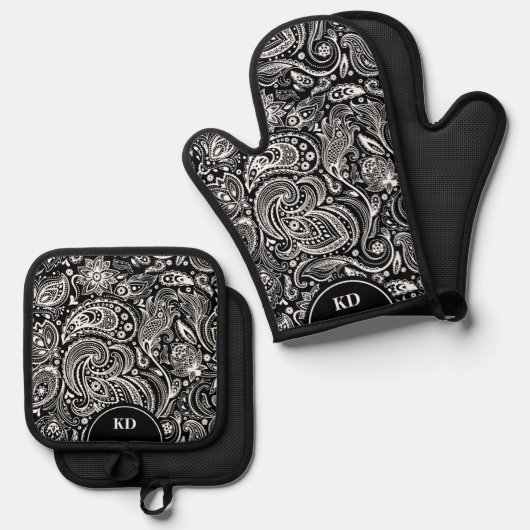 Zwart-wit Elegant  Paisley Pattern Ovenwant & Pannenlap Set (Voorkant / Achterkant)