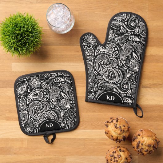 Zwart-wit Elegant  Paisley Pattern Ovenwant & Pannenlap Set (Top down)