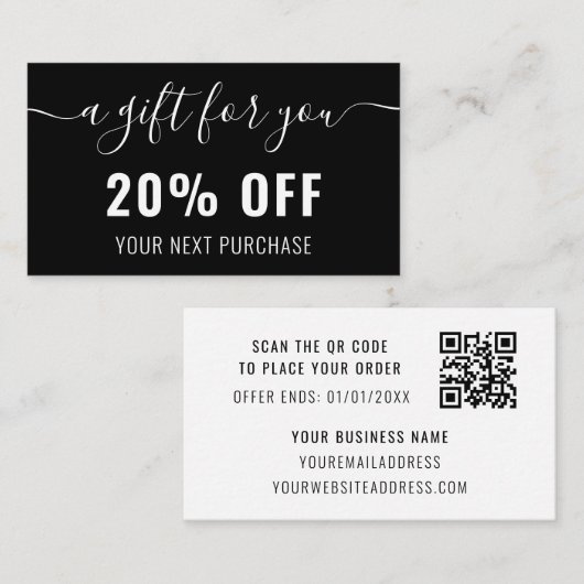 Zwart-wit elegant QR-code Business Promo Loyalty Kortingskaartje (Voorkant / Achterkant)