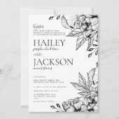 Zwart wit elegant romantisch bloemenhuwelijk kaart (Voorkant)