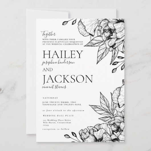 Zwart wit elegant romantisch bloemenhuwelijk kaart (Voorkant)