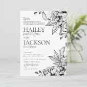 Zwart wit elegant romantisch bloemenhuwelijk kaart (Staand voorkant)