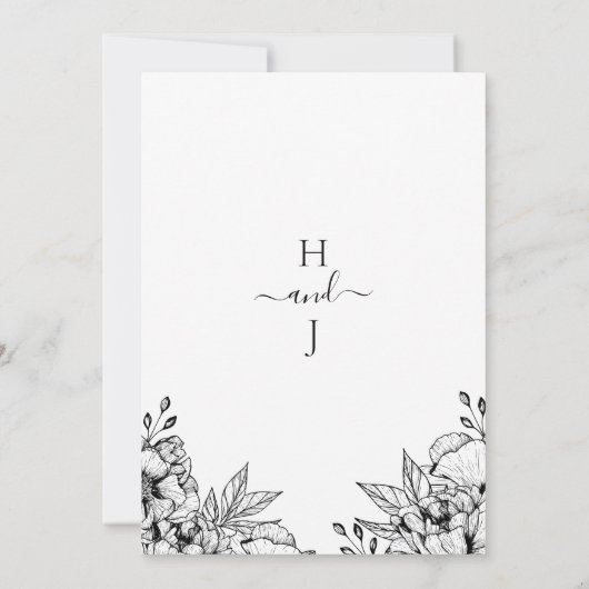 Zwart wit elegant romantisch bloemenhuwelijk kaart (Achterkant)