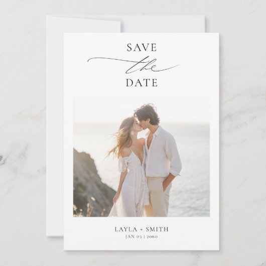 Zwart & Wit Elegant Script 2 Foto Strand Huwelijk Save The Date (Voorkant)