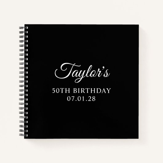 Zwart-wit Elegant Script 50e verjaardag Gast Notitieboek (Voorkant)