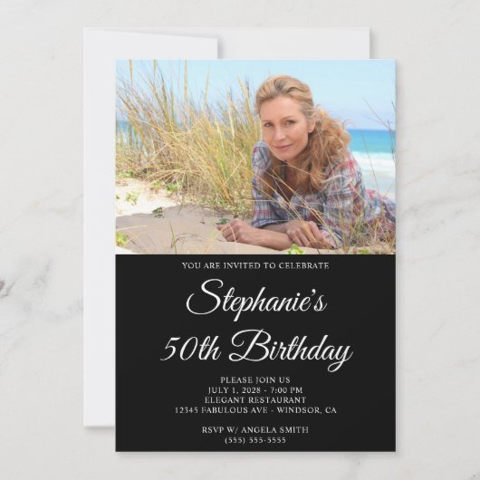 Zwart-wit Elegant Script 50e verjaardag Kaart (Voorkant)