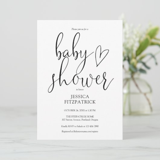 Zwart-wit Elegant Script Baby shower Kaart (Staand voorkant)