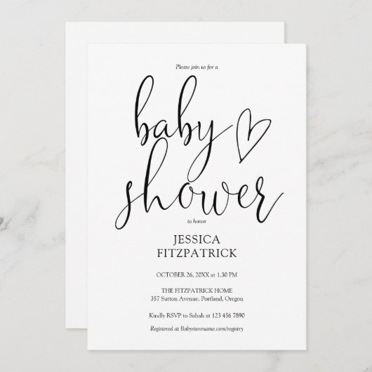 Zwart-wit Elegant Script Baby shower Kaart (Voorkant / Achterkant)