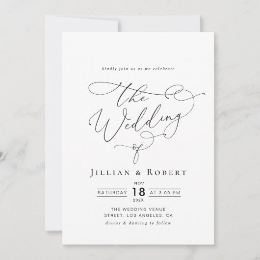 Zwart-wit elegant script bruiloft kaart (Voorkant)