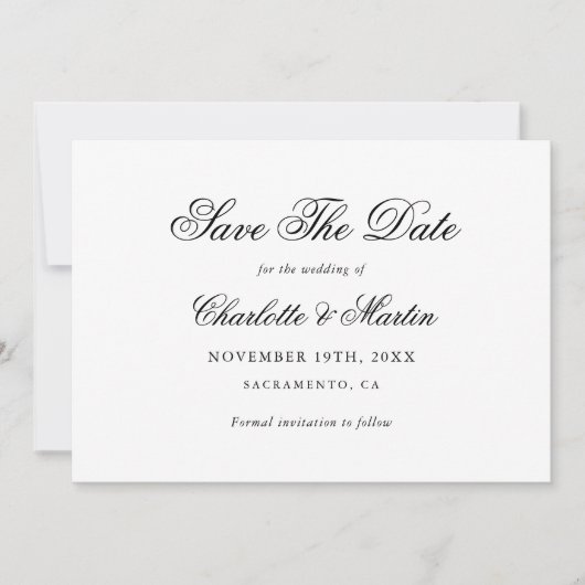 Zwart-wit Elegant Script Eenvoudige bruiloft Save The Date (Voorkant)