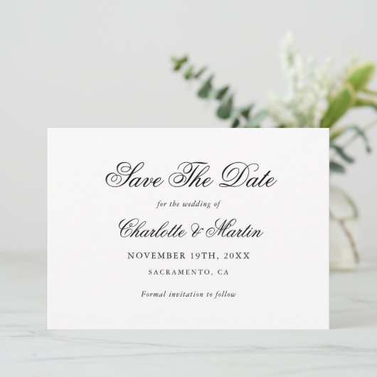Zwart-wit Elegant Script Eenvoudige bruiloft Save The Date (Staand voorkant)