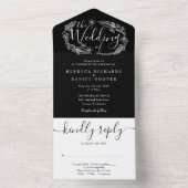 Zwart-wit Elegant Script Foliage Weddenschap All In One Uitnodiging (Binnen)