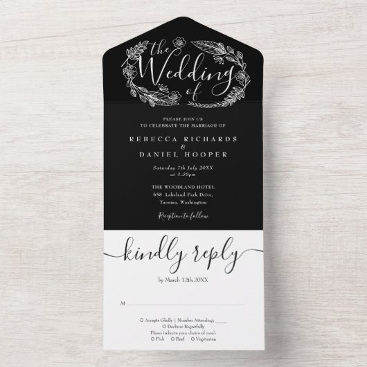 Zwart-wit Elegant Script Foliage Weddenschap All In One Uitnodiging (Binnen)