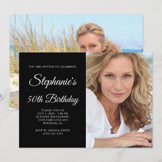 Zwart-wit Elegant Script Foto 50e verjaardag Kaart (Voorkant / Achterkant)
