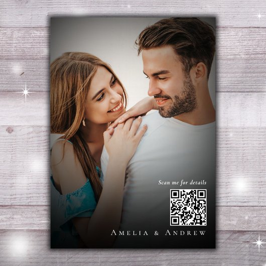 Zwart Wit Elegant Script Foto QR Code Bruiloft Kaart