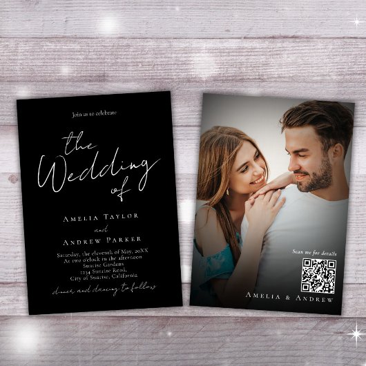 Zwart Wit Elegant Script Foto QR Code Bruiloft Kaart