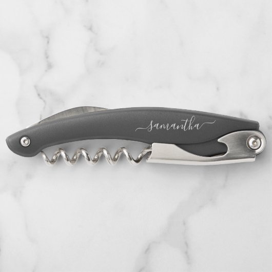 Zwart-wit Elegant Script Handtekening Naam Kurkentrekker (Achterkant)