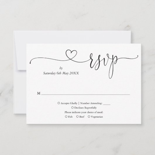 Zwart-wit elegant Script-hart RSVP Kaartje (Voorkant)
