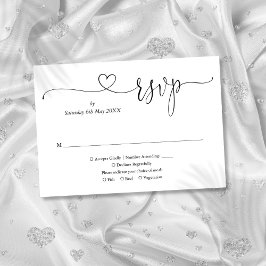 Zwart-wit elegant Script-hart RSVP Kaartje