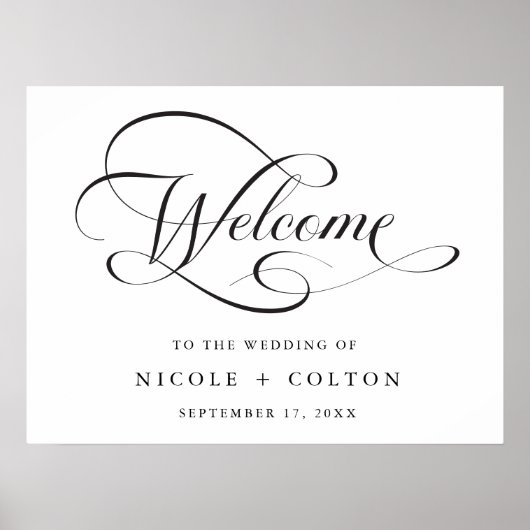 Zwart & Wit Elegant Script Huwelijk Welkom Teken Poster (Voorkant)