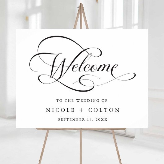 Zwart & Wit Elegant Script Huwelijk Welkom Teken Poster