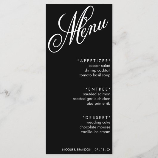 Zwart & Wit Elegant Script Huwelijksreceptie Menu (Voorkant)